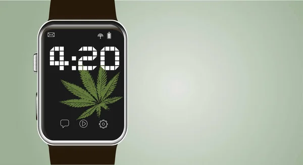 Marijuana leaf, medical cannabis on a wrist electronic clock showing the time of 4 hours 20 minutes. Cannabis online. Classic background. Copy space. Vector illustration