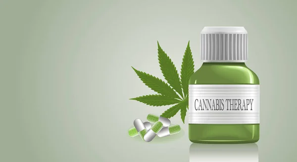 Cannabis Therapy Medical Cannabis Oil Bottle Marijuana Leaf Pills Capsules — Vetor de Stock