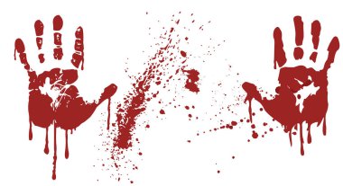 Bloody handprints with blood drops on a white background. Crimes against humanity concept. Copy space. Raster version