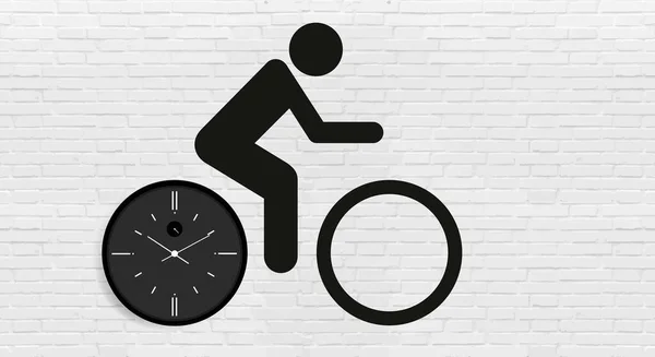 自転車に乗るサイクリストとグレーのレンガの壁に対して自転車の車輪の形でダイヤルと矢印と時計で 黒を塗りました コピースペース ベクターイラスト — ストックベクタ