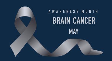 Brain Cancer Awareness. Hope concept. Celebrated in May. Realistic gray ribbon on a dark blue background. Poster. Vector illustration