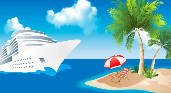 Paradis Tropical Paquebot Croisière Près Île Avec Palmiers Chaises Longues — Image vectorielle