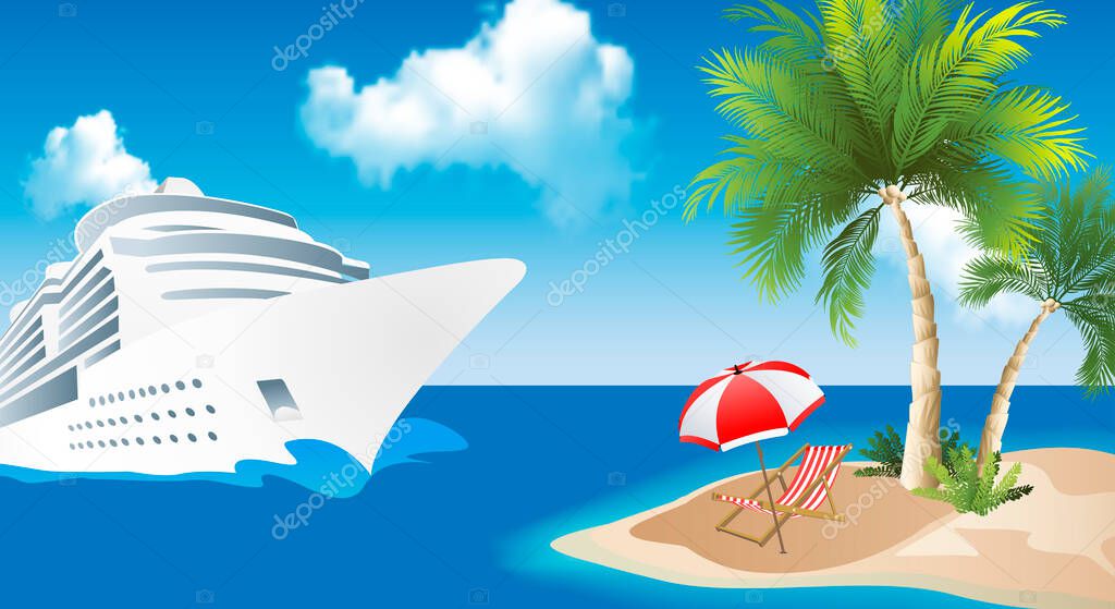 Tropical paradise. Cruise liner near the island with palm trees and sun lounger in the Caribbean Sea. Early travel booking. Travel banner. copy space. Vector illustration