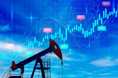 Döviz piyasasında petrol üretimine yönelik fiyat artışı ve büyüme grafiği. Mor gökyüzünün arka planına ve finansal alıntıların, geleceklerin, grafiklerin büyümesine karşı yağ pompası. Çifte maruziyet. Yüksek kalite fotoğraf