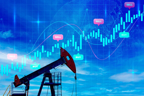 Graph of growth and increase in prices for oil production on the exchange market. Oil pump against the background of a purple sky and the growth of financial quotes, futures, charts. Double exposure. High quality photo