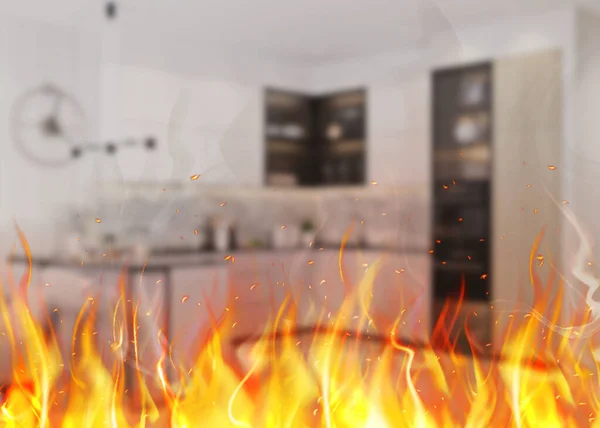 Fire Explosion Red Flames Fire Kitchen Living Room Blurred Background — Stock Photo, Image