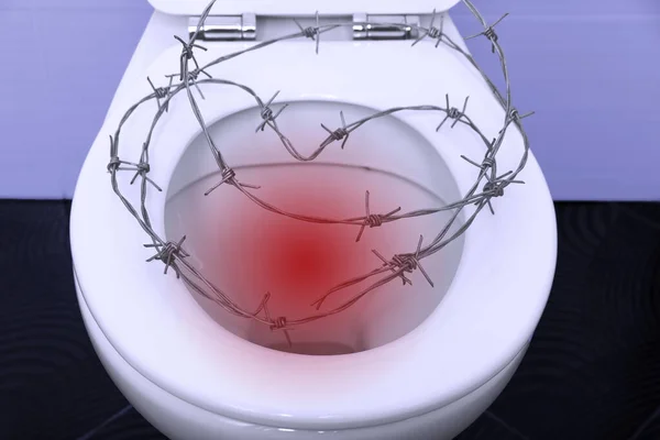 Weiße Toilettenschüssel Mit Offenem Deckel Und Herzförmigem Stacheldraht Auf Schwarzem — Stockfoto
