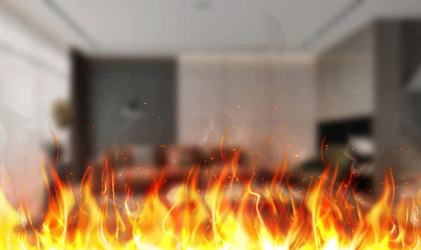 Yangın, mutfakta kırmızı ateş alevleri ve bulanık bir arka planı olan bir oturma odası, önleme. Güvenlik sancağı. Yüksek kalite fotoğraf