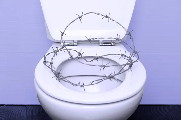 White Toilet Bowl Open Lid Heart Shaped Barbed Wire Black — Stock Photo, Image