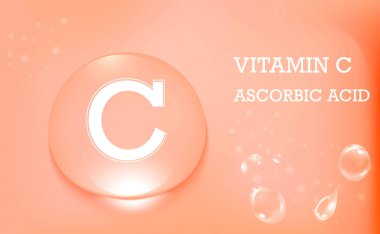 C vitamininin altın parıltısı. Ascorbic asit. Turuncu arka planda bir damla su. Cilt bakımı. Vektör illüstrasyonu