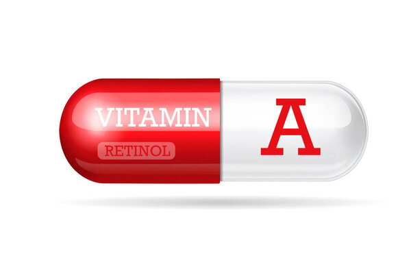Vitamin A, two-tone red-white capsule, tablets, dietary supplement, on a white background. Vector illustration