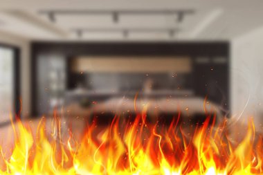 Yangın, arka planı bulanık olan bir apartmanın oturma odasında alevler içinde patlama, önleme. Güvenlik sancağı. Yüksek kalite fotoğraf