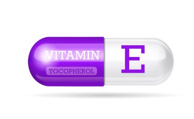 İki renkli mor ve beyaz E vitamini kapsülü, haplar, beyaz arka planda izole edilmiş diyet takviyesi. Vektör illüstrasyonu