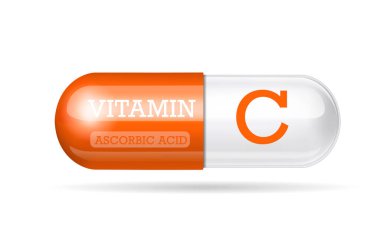 Turuncu C vitamini kapsülü. Beslenme takviyesi, serbest radikalleri etkisiz hale getirir. Kimyasal formülle. Yaşlanma karşıtı güzellik geliştirme konsepti ve sağlık hizmetleri. - Evet. Vektör illüstrasyonu