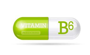 Hap ikonu, B6 vitamini kapsülü. Beyaz izole edilmiş arka planda iki renkli kapsül. kopyalama alanı. Vektör illüstrasyonu
