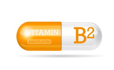 B2 vitamini içeren kapsüller turuncu-beyazdır. Uyuşturucu işi konsepti. Vitamin kompleksi. kopyalama alanı. Vektör illüstrasyonu
