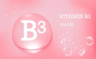 B3 vitamini, sağlığın için niasin. Pembe bir arka planda vitamin metniyle su damlaları. Poster. Vektör illüstrasyonu