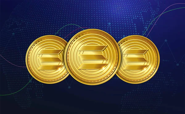 Solana Sol Symbol Goldene Realistische Kryptowährungsmünze Auf Blauem Kryptogeschäftshintergrund Digitale — Stockvektor
