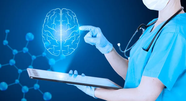 Neurolog Medicinsk Uniform Pekar Finger Hjärnans Hologram Neonfärg Hjärndefekter Mörkblå — Stockfoto