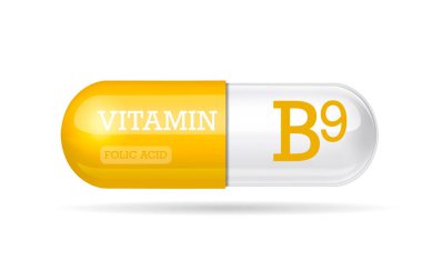 Kapsül vitamini B9 yapısı turuncu ve beyaz. Güzellik konsepti. 3D Vektör İllüstrasyonu. Şeffaf kapsül hapı. Uyuşturucu işi konsepti. Kimyasal formüllü vitamin kompleksi. Kişisel bakım. Vektör illüstrasyonu