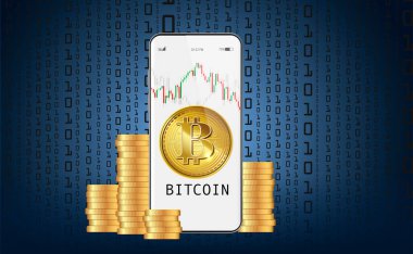 Kripto para birimleri, ikili kod arka planında metin, büyüme ve düşüş göstergelerine sahip akıllı telefon ekran uygulamasında bitcoin kullanır. Vektör illüstrasyonu