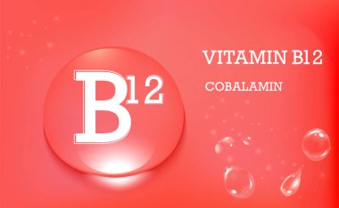 B12 vitamini, Cobalamin, kırmızı bir arkaplanda su damlaları. Poster. Vektör illüstrasyonu