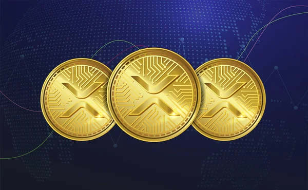 Символ Xrp Набор Gold Realistic Cryptocurrency Coins Синем Криптографическом Фоне — стоковый вектор