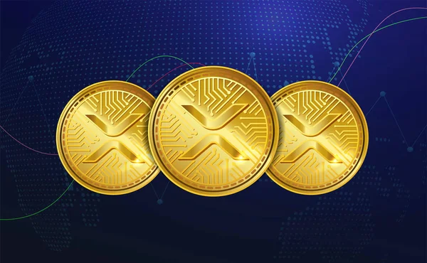Xrp符号符号 蓝色加密商业背景上的一组金色现实加密硬币 带有升降图 数字货币 数字硬币 Forex 矢量说明 — 图库矢量图片#
