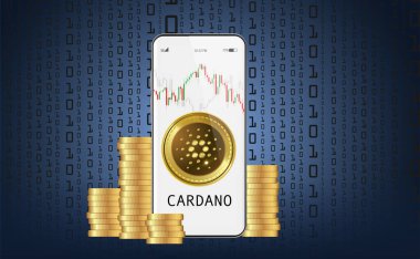 Cardano kripto para birimini takas et, ADA, Kripto para sistemi üzerinden cep telefonundan. İkili Kodların Arkaplanındaki Büyüme Grafiği. Vektör illüstrasyonu
