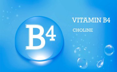 B4 vitamini, kolin. Mavi bir arkaplanda su damlaları. Gıda takviyesi ve sağlıklı yaşam tarzı. Poster. Vektör illüstrasyonu
