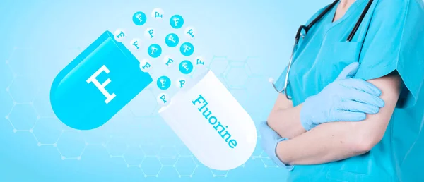 医疗胶囊 背景上的医生穿着医疗制服 六边形的医疗蓝色背景 医疗海报 — 图库照片