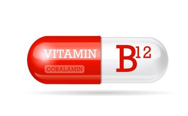 B12 vitamini. Siyanokobalamin. Beyaz arka planda iki renkli kapsül. Vektör illüstrasyonu