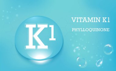 K1 vitamini, fillokinon. Mavi bir arkaplanda su damlaları. Gıda takviyesi ve sağlıklı yaşam tarzı. - Evet. Vektör illüstrasyonu