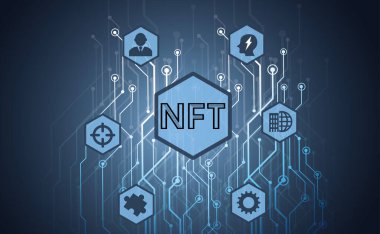 Yazılı şifreli resimli NFT afişi. Mavi arka planda ödenmeyen bir NFT jetonu. Şifreli iş geçmişi. Sanal etkileşim semesi. Vektör illüstrasyonu