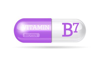 B7 vitamini kapsülü, Thiamine, yapı Mor, beyaz. Kimyasal formüllü 3 boyutlu vitamin kompleksi. Kişisel bakım, güzellik konsepti, hap şeffaf kapsül. Uyuşturucu işi konsepti. Vektör illüstrasyonu