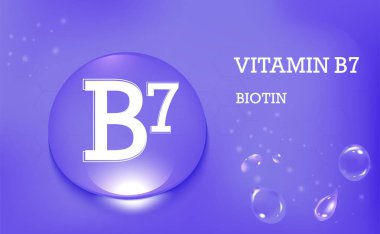 B7 vitamini, biyotin. Mavi bir arkaplanda su damlaları. Gıda takviyesi ve sağlıklı yaşam tarzı. Poster. Vektör illüstrasyonu