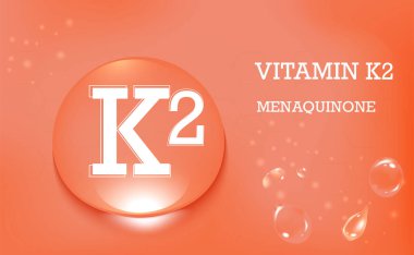 K2 vitamini, menaquinone. Pembe bir zemine su damlaları düşer. Gıda takviyesi ve sağlıklı yaşam tarzı. Poster. Vektör illüstrasyonu