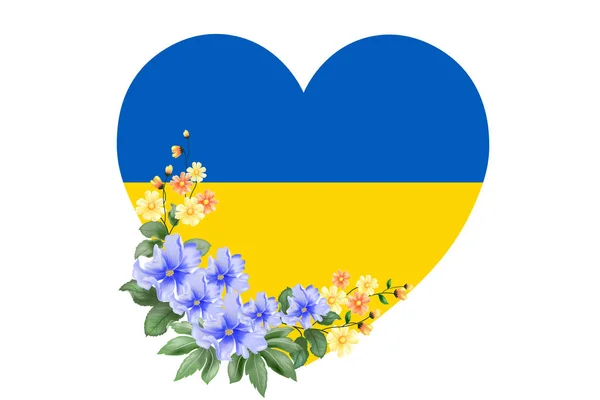 ウクライナへの愛 国旗の色のハートの紋章と青い花の花輪 戦争を止めなさい ベクターイラスト — ストックベクタ