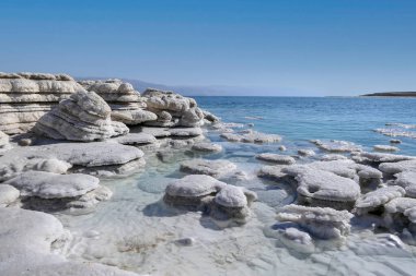 Ölü Deniz 'in tuz oluşumlarının güzel desenlerinin görüntüsü. Tuzlu mantar.