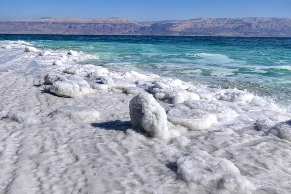 Kryształowa Sól Skale Pobliżu Plaży Pobliżu Morza Martwego Zbliżenie Izrael — Zdjęcie stockowe