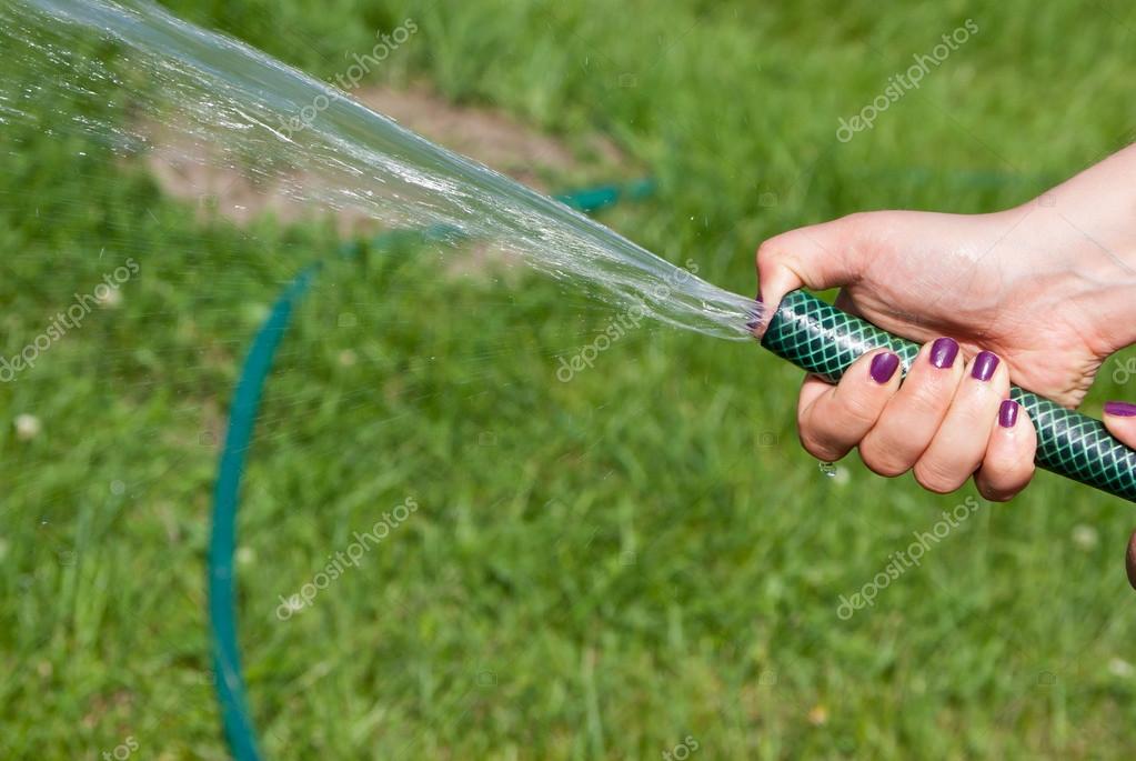 Descargar - El agua de una manguera de jardín — Imagen de stock El agua de una manguera de jardín — Foto de Stock