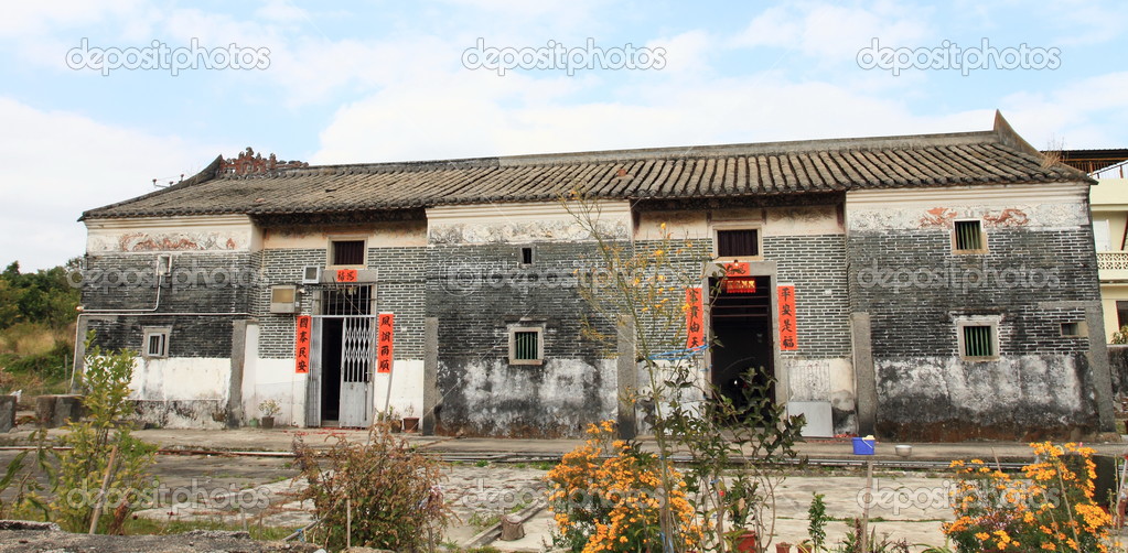 Historical Chinese village with Chinese New Year banners