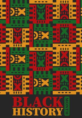 Şubat 'ta Siyahların Tarihi Ayı. Afrikalı Amerikan Kültür ve Tarihi. Amerika ve Kanada 'da yıllık kutlama. Ekim ayında İngiltere 'de. Vektör posteri, geleneksel süsleme