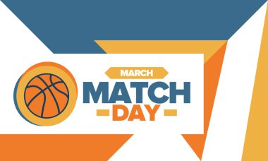 Basketbol Maçı Günü. Mart 'ta play-off var. Amerika 'da süper spor partisi. Sezon şampiyonluğunun son maçları. Profesyonel takım turnuvası. Basketbol topu. Spor afişi. Vektör illüstrasyonu