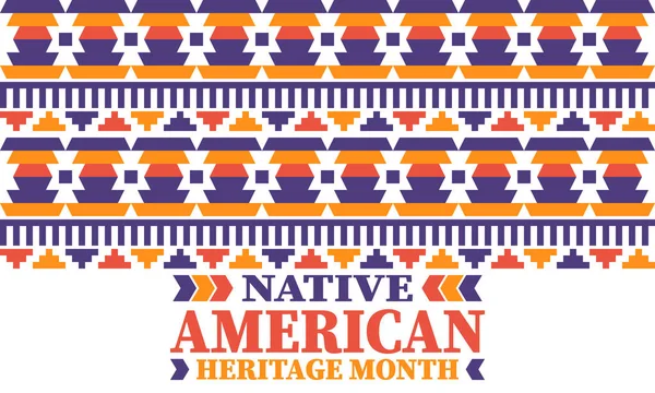 Yerli Amerikan Miras Ayı. Amerikan Kızılderili kültürü. Yıllığı kasım ayında Amerika 'da kutlayın. Geleneksel Kızılderili modeli. Poster ve afiş. Vektör otantik süs, etnik çizim