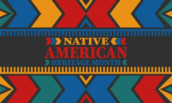 Yerli Amerikan Miras Ayı. Amerikan Kızılderili kültürü. Yıllığı kasım ayında Amerika 'da kutlayın. Geleneksel Kızılderili modeli. Poster ve afiş. Vektör otantik süs, etnik çizim