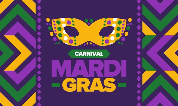 New Orleans 'taki Mardi Gras Karnavalı. Şişman Salı. Tören ve kutlamalarla geleneksel halk festivali. Yıllık tatil. Kostüm maskeli balosu, eğlenceli bir parti. Karnaval maskesi. Poster, kart, pankart. Vektör illüstrasyonu