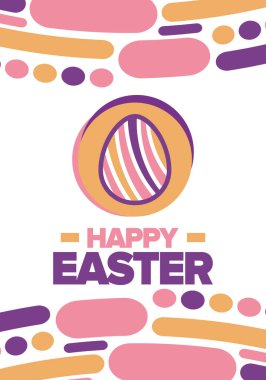 Nisanda Paskalyanız kutlu olsun. İsa 'nın dirilişi şerefine Hıristiyan bahar tatili. İncil 'in tarihi. Geleneksel desenli yumurta boyama, Paskalya yumurtası arayan çocuklar için eğlenceli bir oyun. Vektör