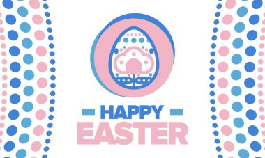 Nisanda Paskalyanız kutlu olsun. İsa 'nın dirilişi şerefine Hıristiyan bahar tatili. İncil 'in tarihi. Geleneksel desenli yumurta boyama, Paskalya yumurtası arayan çocuklar için eğlenceli bir oyun. Vektör