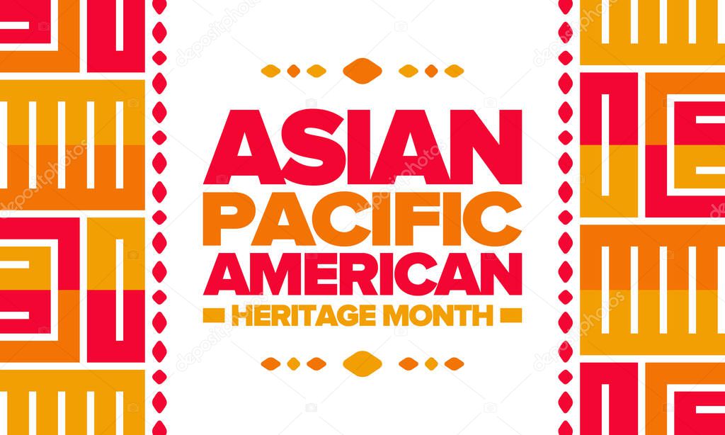 Asian Pacific American Heritage Month in May. elebrates the culture, traditions and history of Asian Americans and Pacific Islanders in United States. Vector poster. Illustration with east pattern